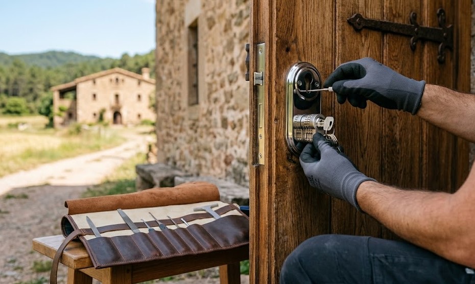 Especialista instalando cerradura de alta seguridad en puerta de chalet en Sant Pere de Vilamajor